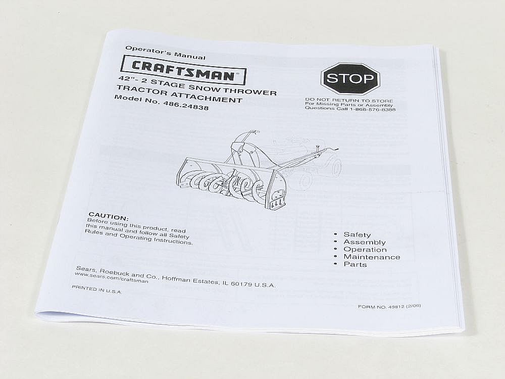 Part #49812, Craftsman Snowblower Owners Manual (Replaces 248381)