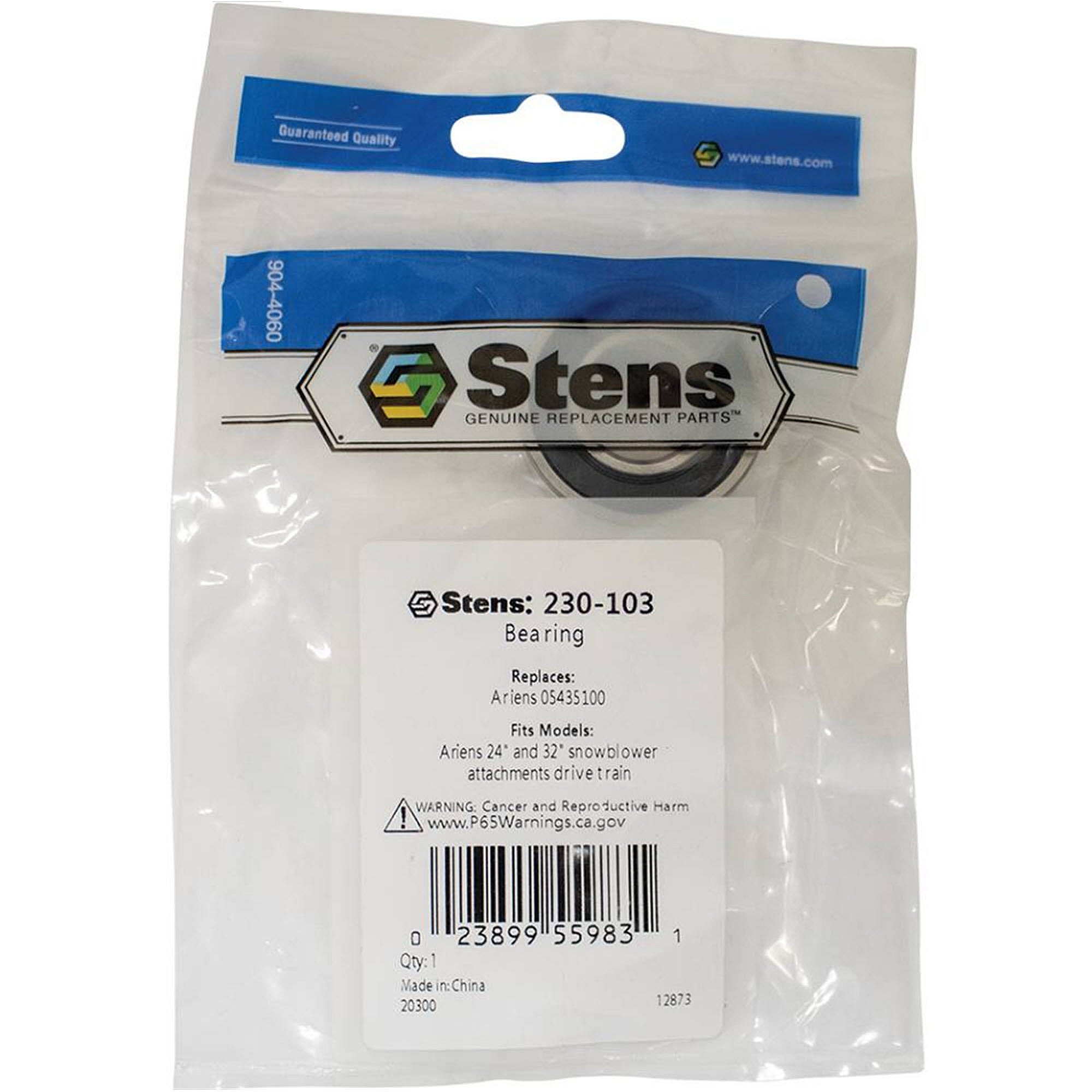 Stens Bearing, Ariens 05435100, Qty-1 (same As 00021870, 05403900, 05407000, 05435100, 1185169, 1323252, 1665521, 1665521sm, 2036, 204020, 204906s, 323252, 48224, 50371, 67205, 7410155, 7410155p, 812899, 9410155, 99502h, Am122119, E323252, Pl4969) 230-103